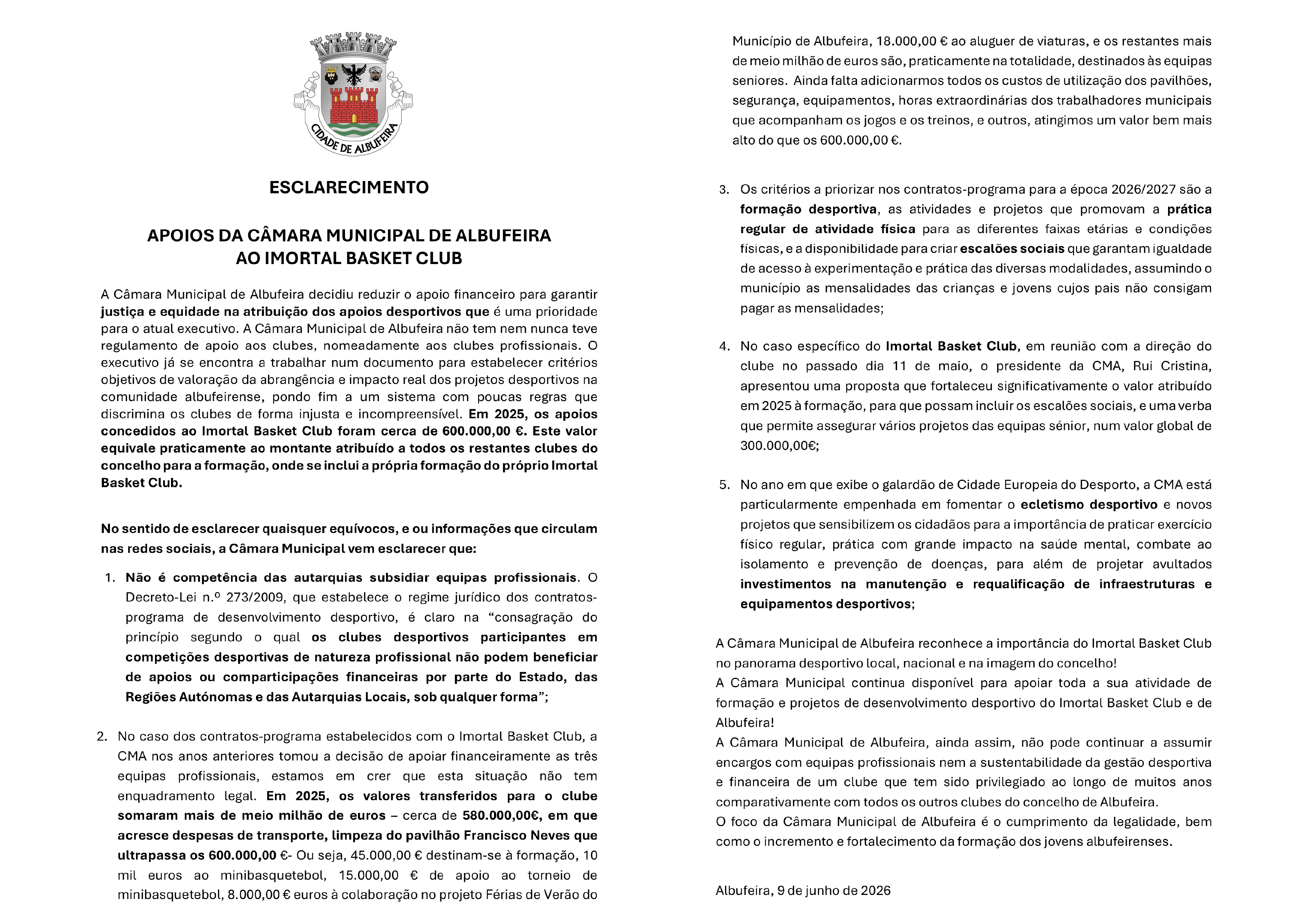 Esclarecimento - Apoios da Câmara Municipal de Albufeira ao Imortal Basket Club