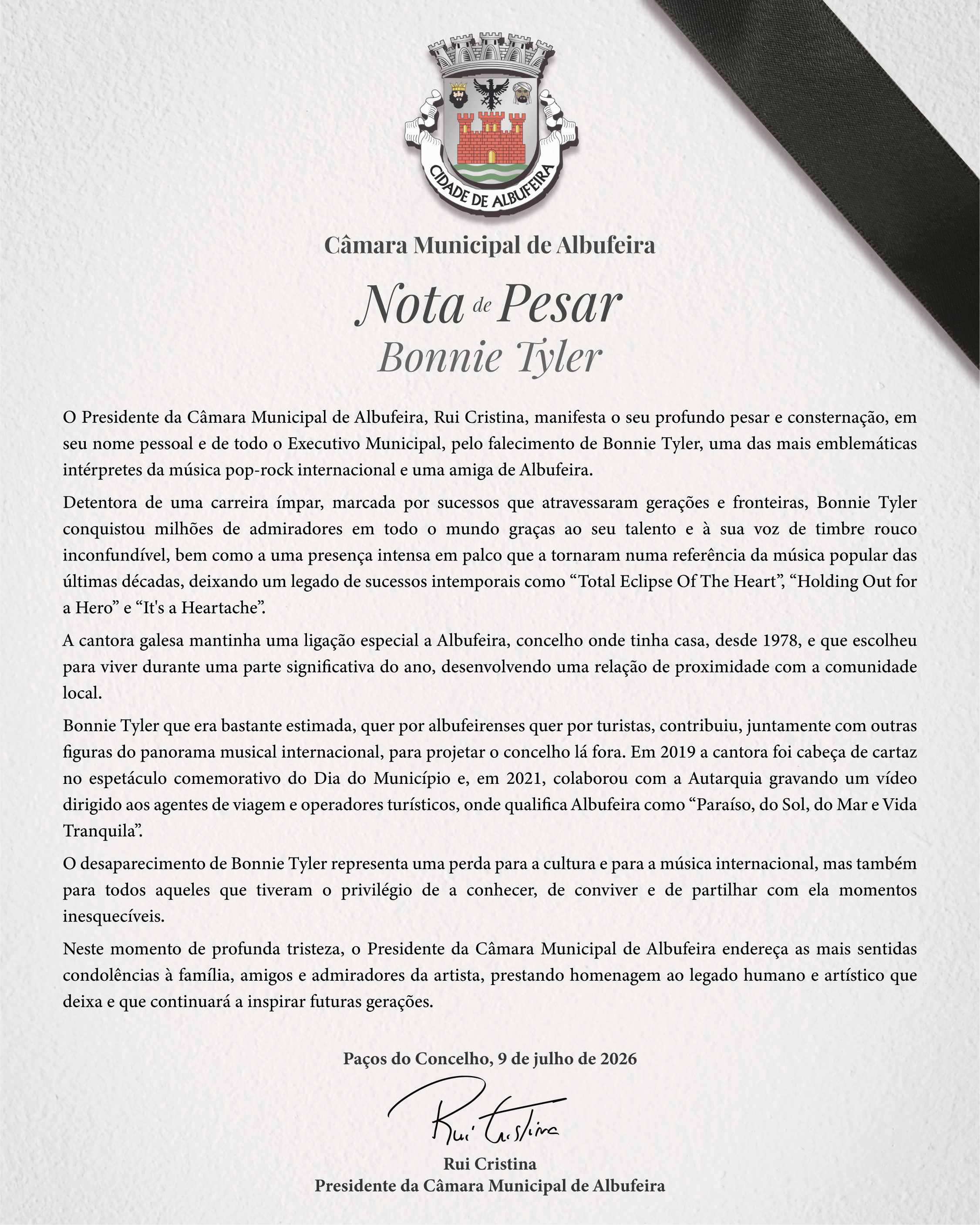 Nota de pesar - Bonnie Tyler
