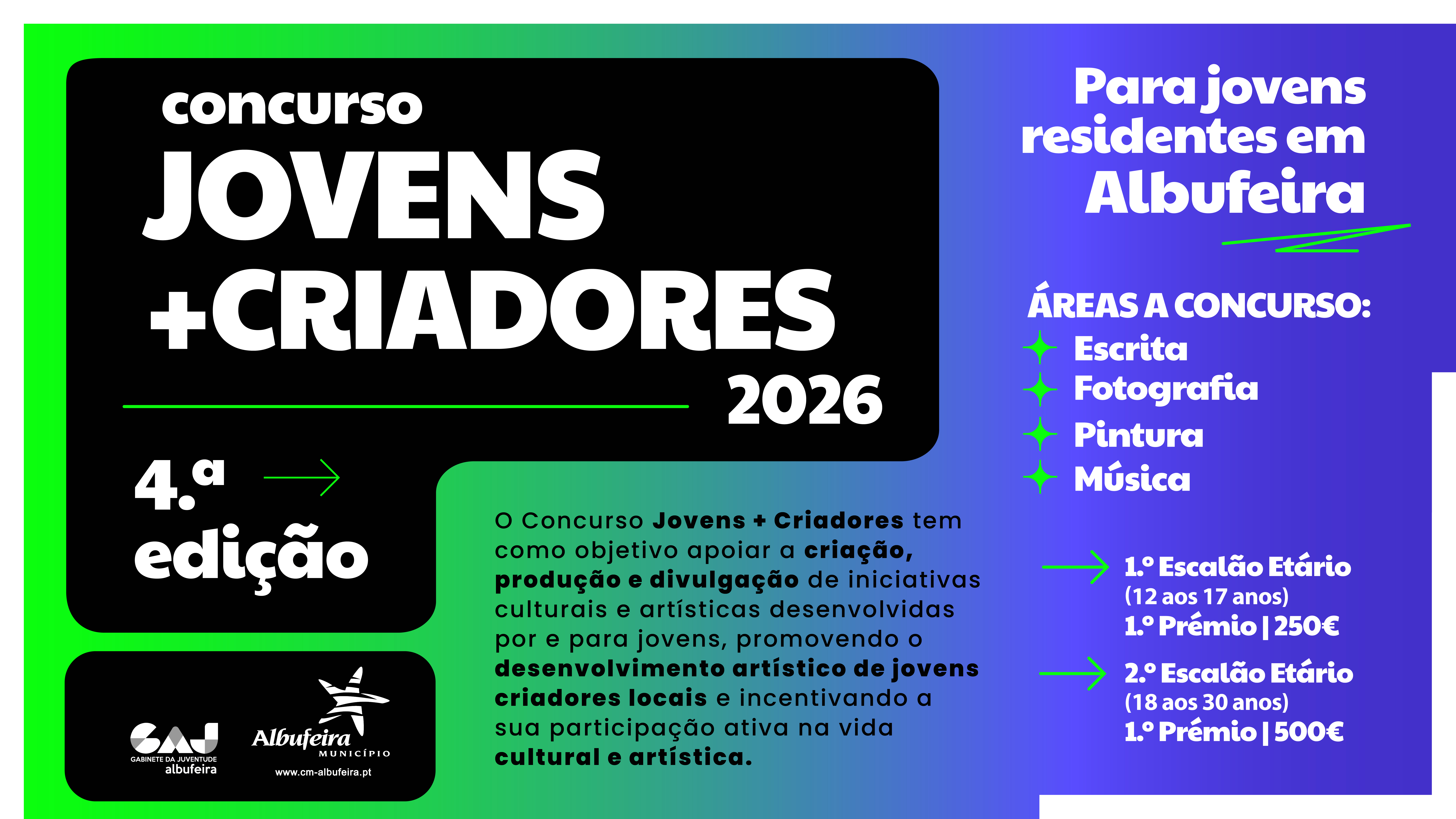 Imagem com informação sobre o concurso Jovens + Criadores 2026