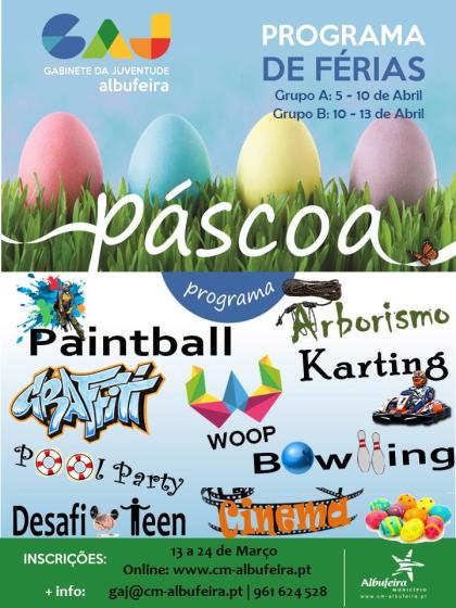 Cartaz do PROGRAMA DE FÉRIAS DA PÁSCOA PARA JOVENS DE ALBUFEIRA