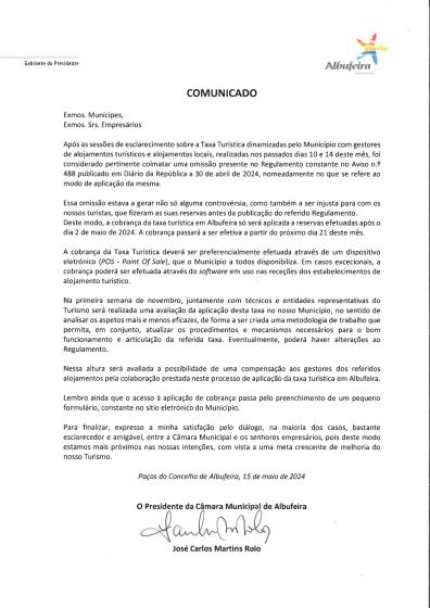 COMUNICADO DO PRESIDENTE DA CÂMARA MUNICIPAL DE ALBUFEIRA - Aplicação da Taxa Turística