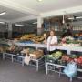 senhora segura um legume com bancadas de frutas a voltas